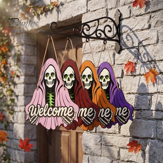Front Porch Decor Halloween Skeleton Welcome Sign, Spooky Wooden Grim Reaper Shaped Door Rustic Hanging Sign Hanger, Horror Wall Plaque for