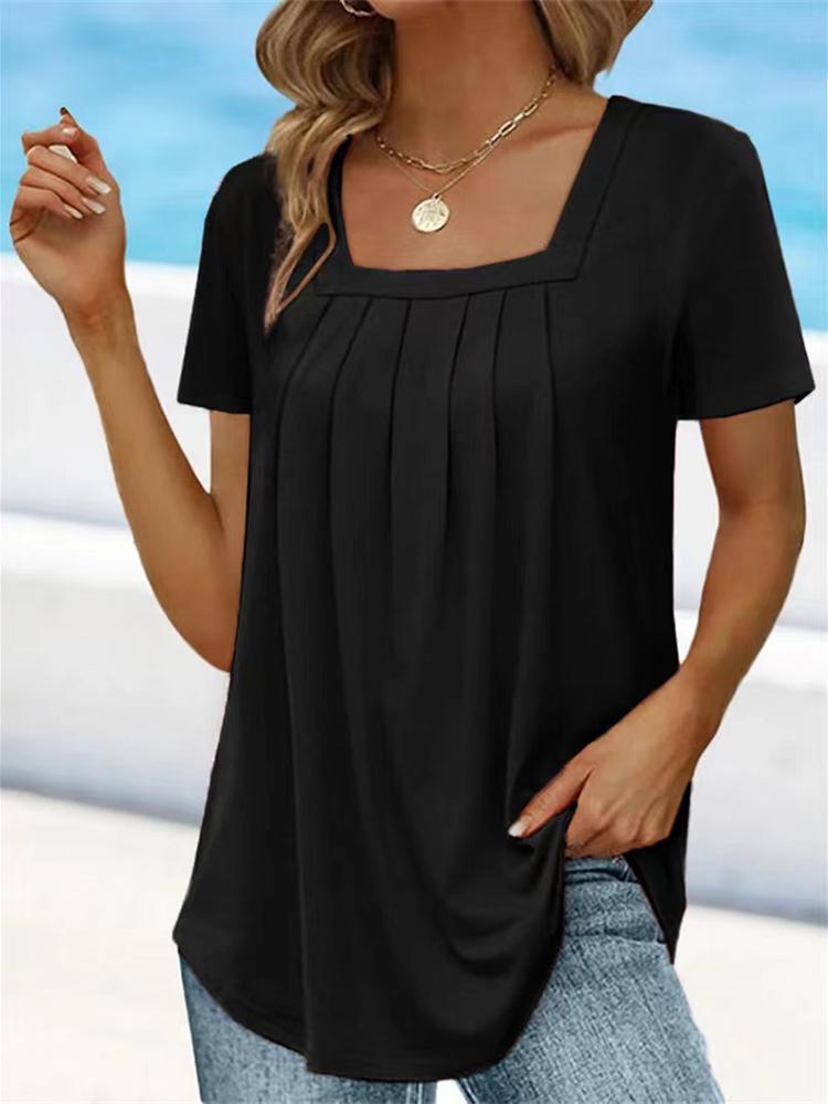 

Summer Women s 2026 Solid Color Pleated Sexy Square Neck T-Shirt Fashion Casual Short Sleeve Loose Plus Size Commuter Top S чёрный