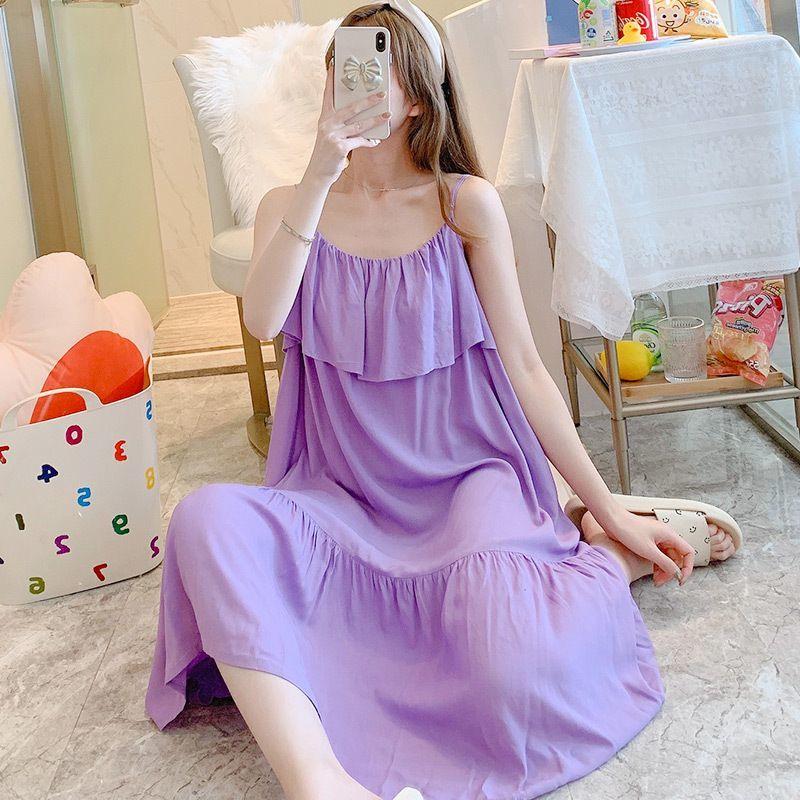 Women's Summer Anti-Bump Cotton Silk Camisole Nightgown, Knee-Length, Loose Plus Size, Anti-Exposure Homewear.