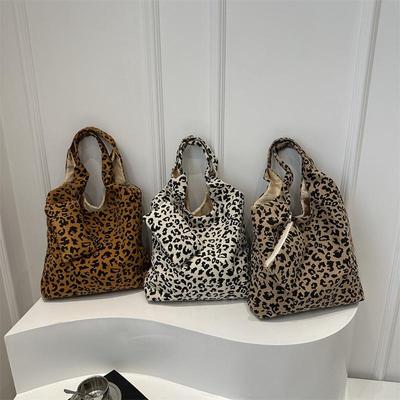 Women Corduroy Shoulder Bag Large Capacity Leopard Print Handbag Underarm Shopper Tote Pouch with Mini Purse CLE