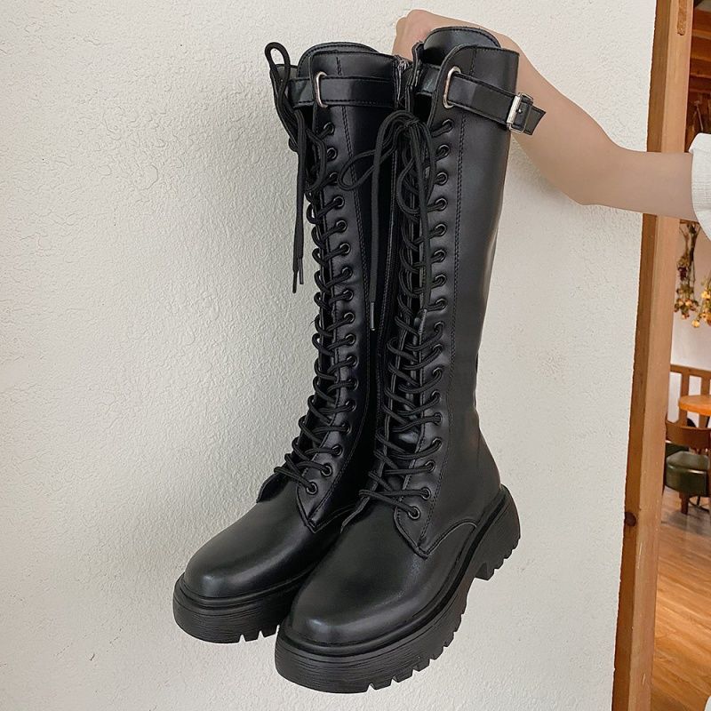 Fashion Women Knee High Boots 2024 Thicken Winter Square Heel Lace Up Platform Shoes Woman Knight Long Boots Black White Botas De Mujer