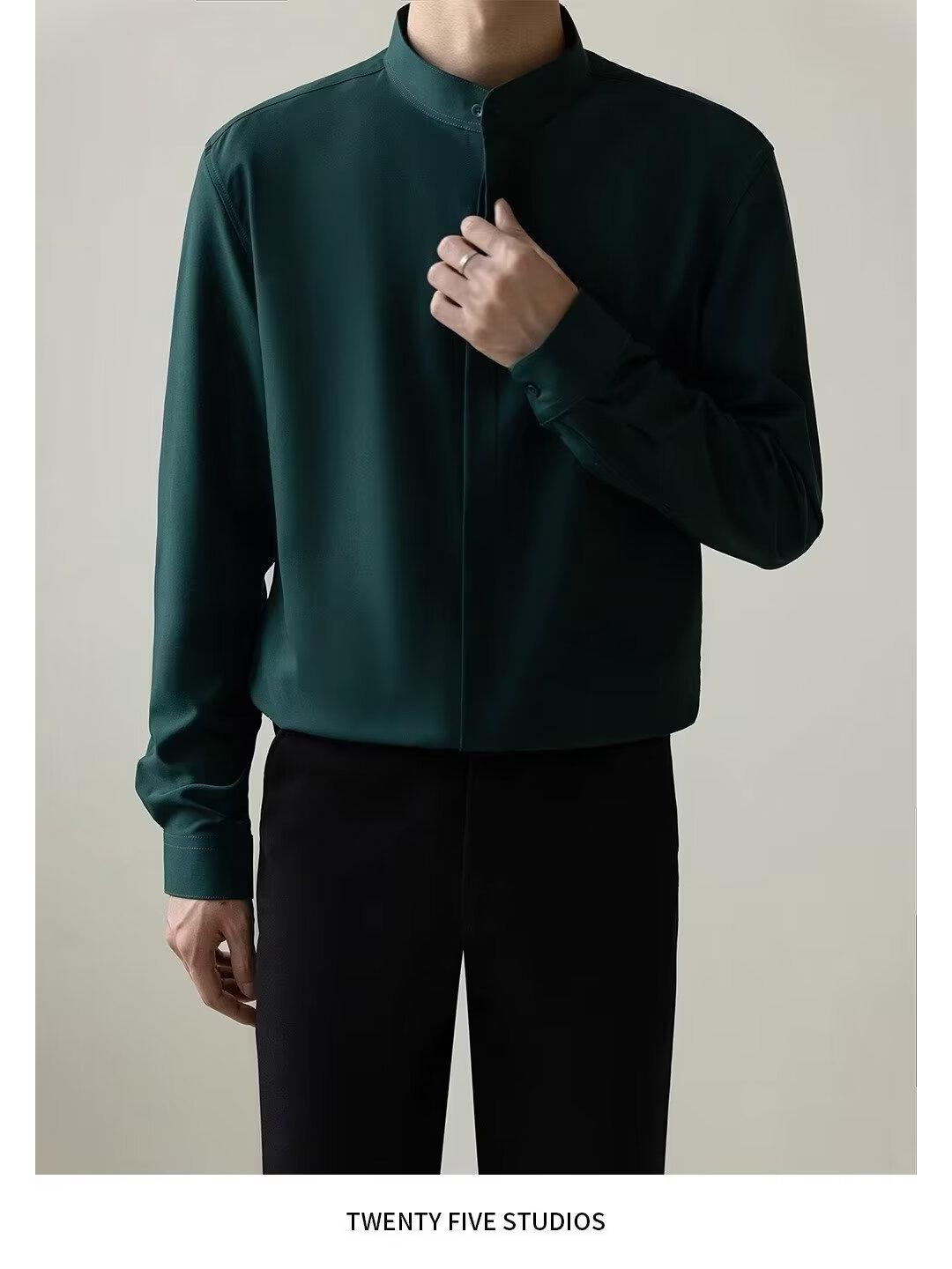 

Мужская шелковистая рубашка с длинным рукавом и воротником-стойкой, не требующая глажки – облегающий крой, однотонная, повседневная деловая одежда M