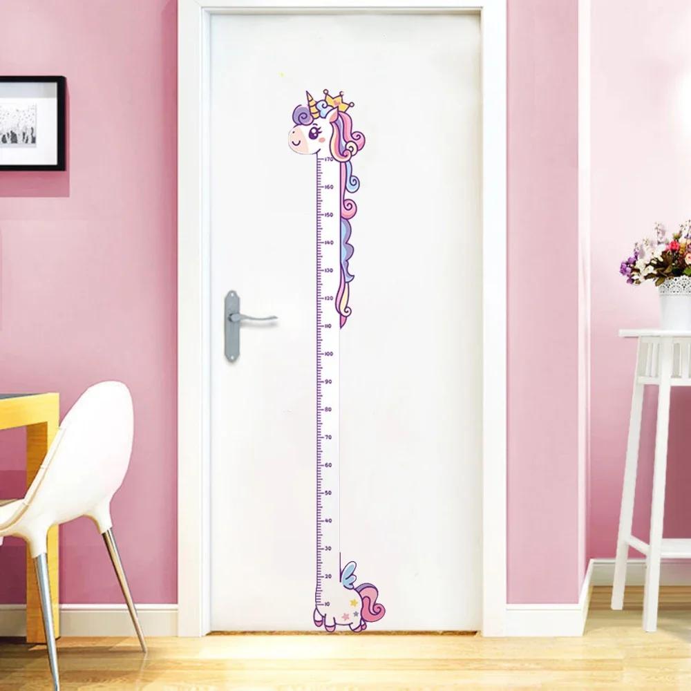 Kids Height Measuring Sticker Cartoon Unicorn Dinosaur Giraffe Wall Decal Removable Growth Ruler for Bedroom Kindergarten
