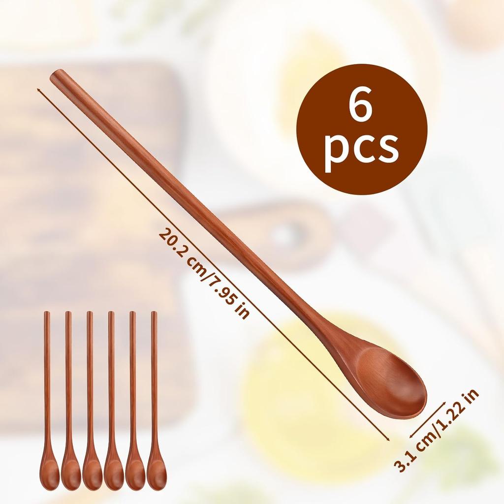 6 Pcs Small Wooden Spoons - Long Handle Mini Wooden Mixing Spoons, Handmade Wood Coffee Stirring Honey Spoon, Wood Iced Tea Spoon Non-Stick Kitchen