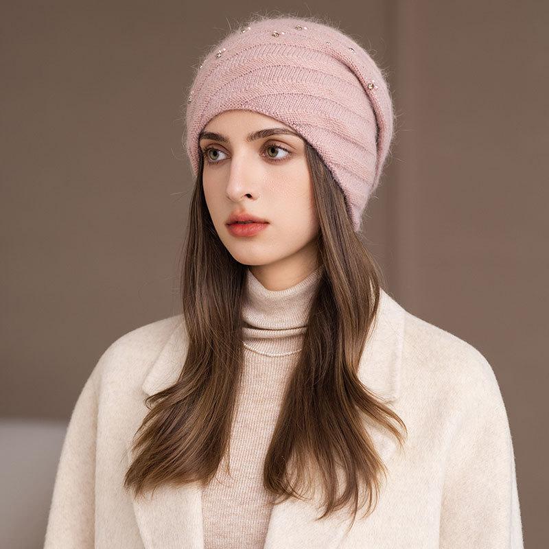 Sombrero de Punto de Piel de Conejo Moda Otoño e Invierno Versátil Protección para las Orejas Sombrero Apilable para la Cabeza Sombrero de Lana para Mujer