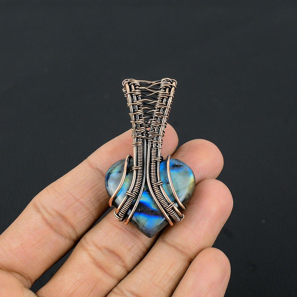 Labradorite Pendant, Handmade Gemstone 999 Copper Wire Wrapped Pendant Antique Jewelry, For Gift Silver Jewelry