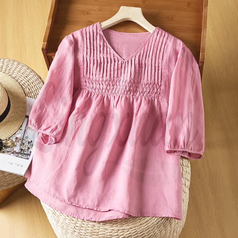 Summer Literary Retro Cotton Linen V-neck Accordion Pleat Short Sleeve Top L розовый