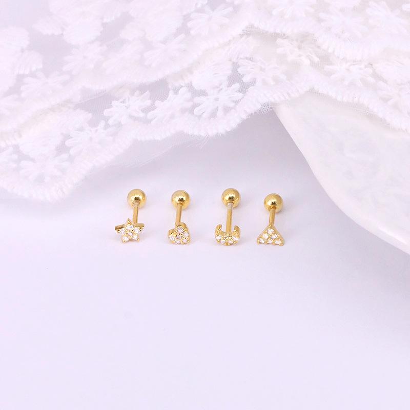 Gold 4-Piece Set 925 Sterling Silver Pentagram Crescent Heart Triangle Zircon Spiral Perforation Puncture Earbone Stud