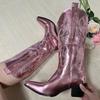 Fashion IPPEUM Western Cowboy Boots For Women Red Knee High Wide Calf Cowgirl Boots Embroidered White Pointed Toe Chunky Heel Shoes