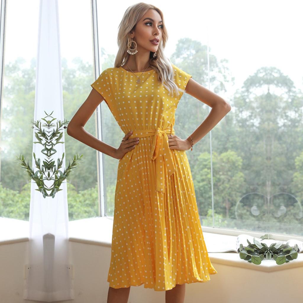 Summer Retro Elegant Polka Dot Ruched Short Sleeve Dress for Women, European American Style, Hot Selling Casual Dress