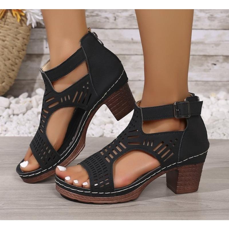 Fashion Hook Loop High Heels Sandals Women Summer 2025 Pu Leather Square Heel Rome Sandals Woman Open Toe Sexy Outdoor Sandalias Mujer