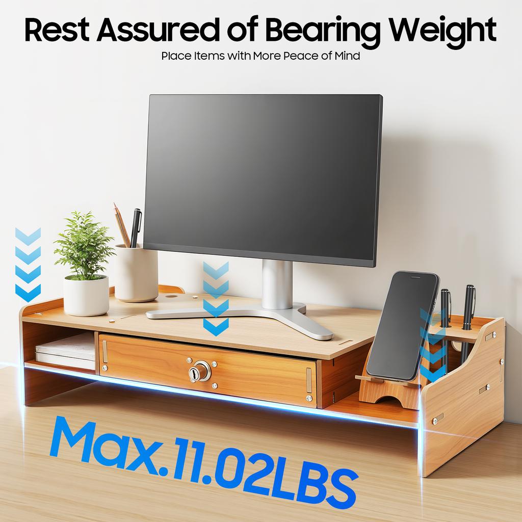 Ergonomic Computer Monitor Riser Stand with Locking Drawer, Natural Wood Finish Desk Organizer for Office & Home, Holds 11 Lbs