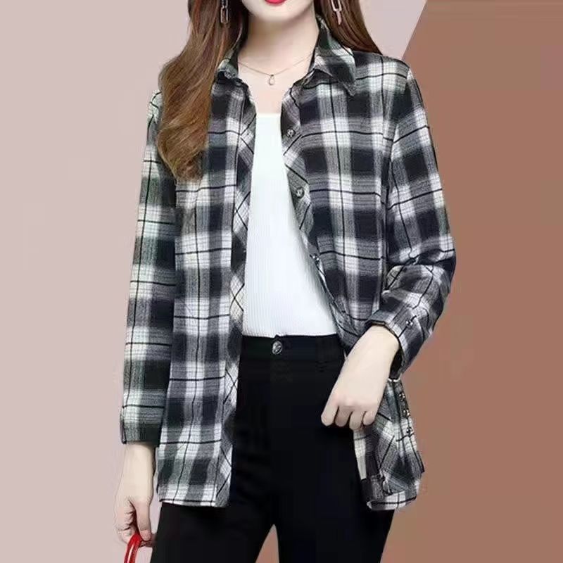 Spring Autumn Mom's Elegant Harajuku Plaid Tops Women Loose Casual All Match Lady Shirt Polo Collar Button Long Sleeve Shirt