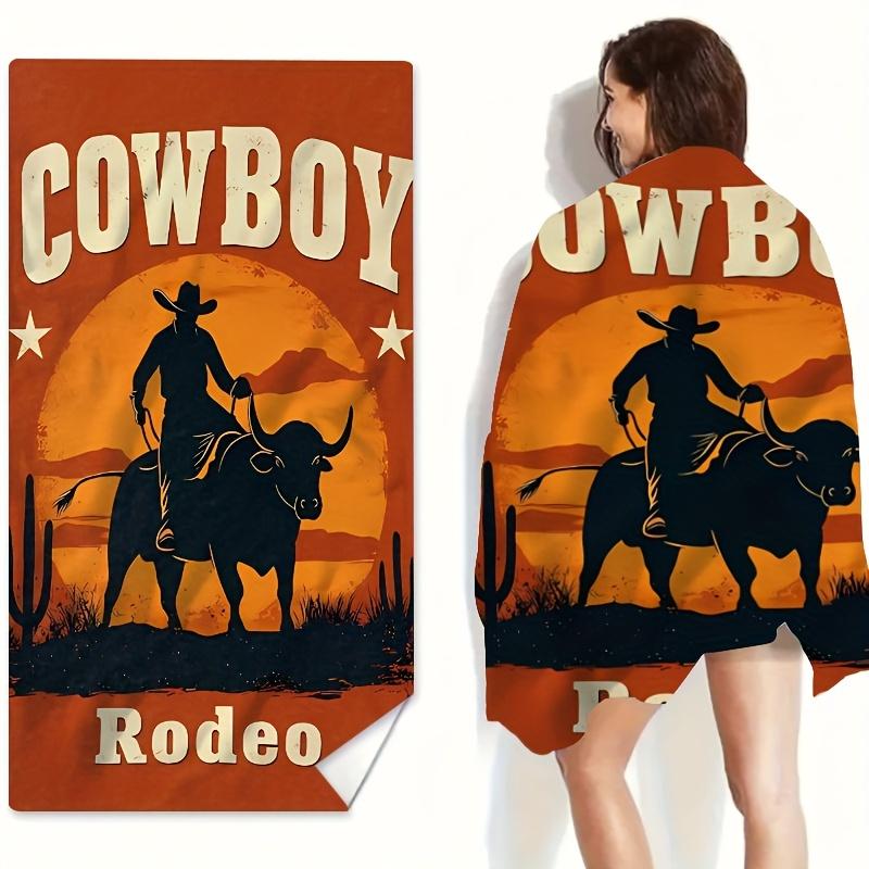Vintage Cowboy Rodeo Beach Towel Flat Print Retro Western Bull Rider Sunset Bath Towel for Men Women Outdoor Travel W30*H60(CM)