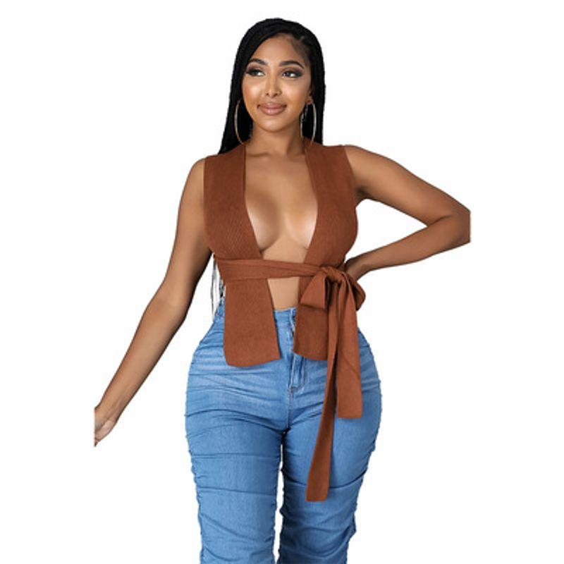 Solid Color Outerwear Thread Hollow-out Slim-Fit Short Top Hanging Neck