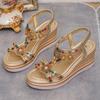 Women's Bohemian Beaded Elastic Strap Sandals, Rhinestone Platform Wedge Summer Shoes, Plus Size Fashion Footwear