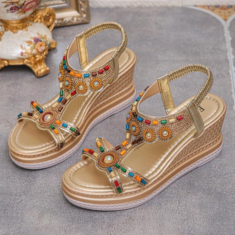 Women's Bohemian Beaded Elastic Strap Sandals, Rhinestone Platform Wedge Summer Shoes, Plus Size Fashion Footwear