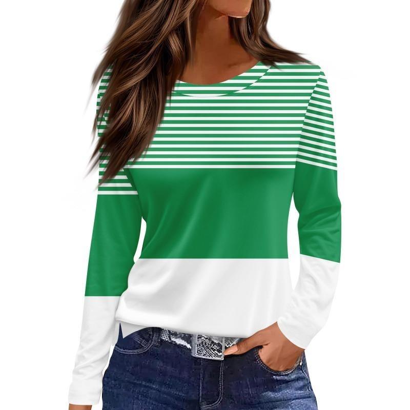 Spring And Autumn Long Sleeve Gradient Stripe Printed T-Shirts Women Basic Casual Tops Female Loose Round Neck Tees Harajuku Clothing