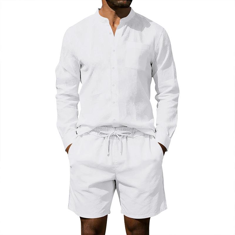 Mens American Style Casual Loose Long Sleeve Shirt And Shorts Set