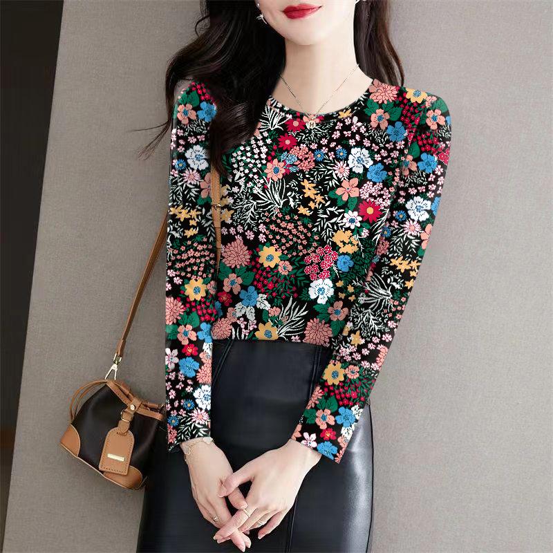 

Women s Floral Slimming Milk Silk Long Sleeve Base Layer Top for Autumn/Winter L чёрный/цветочный