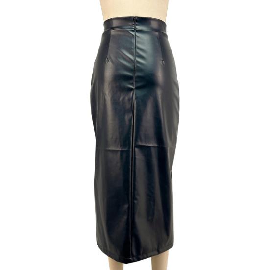 Midi Skirt High Waist Artificial Leather Hip Skirt with Slit Design Pure Color Slimming Fit Office Lady Skirt Work Leisure Daily Wear