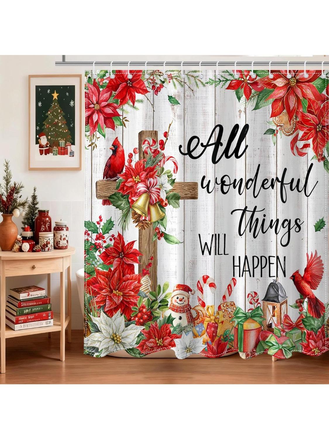 

Christmas Shower Curtain Xmas Crucifix Cardinal Birds Poinsettia Floral Shower Curtain For Christmas Bathroom Decor Red Birds 90x180CM
