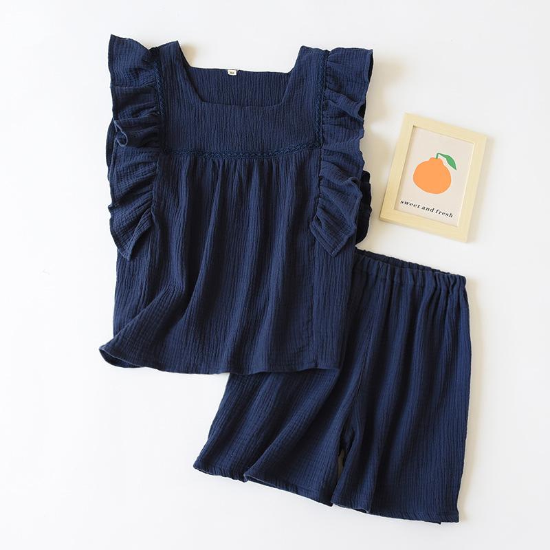 

Новые летние женские пижамы, шорты с короткими рукавами, комплект из двух предметов, креповый жилет из 100% хлопка + шорты, милая домашняя одежда, комплект из двух предметов XL темно-синий