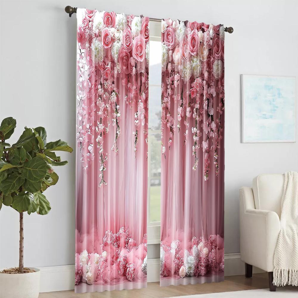 

2 шт., универсальные полиэстеровые прозрачные шторы для украшения дома Розовые с цветочным рисунком для использования в спальнях и гостиных 29x65in(75x166cm)