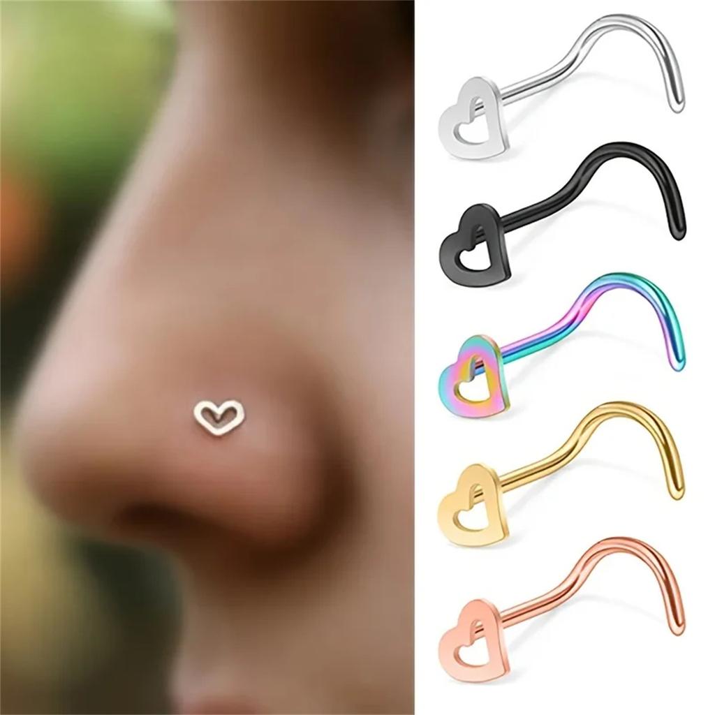 5 Pcs Fashion Hollow Heart Stainless Steel Nose Studs For Women Nostril Piercing Screw Type Body Jewelry