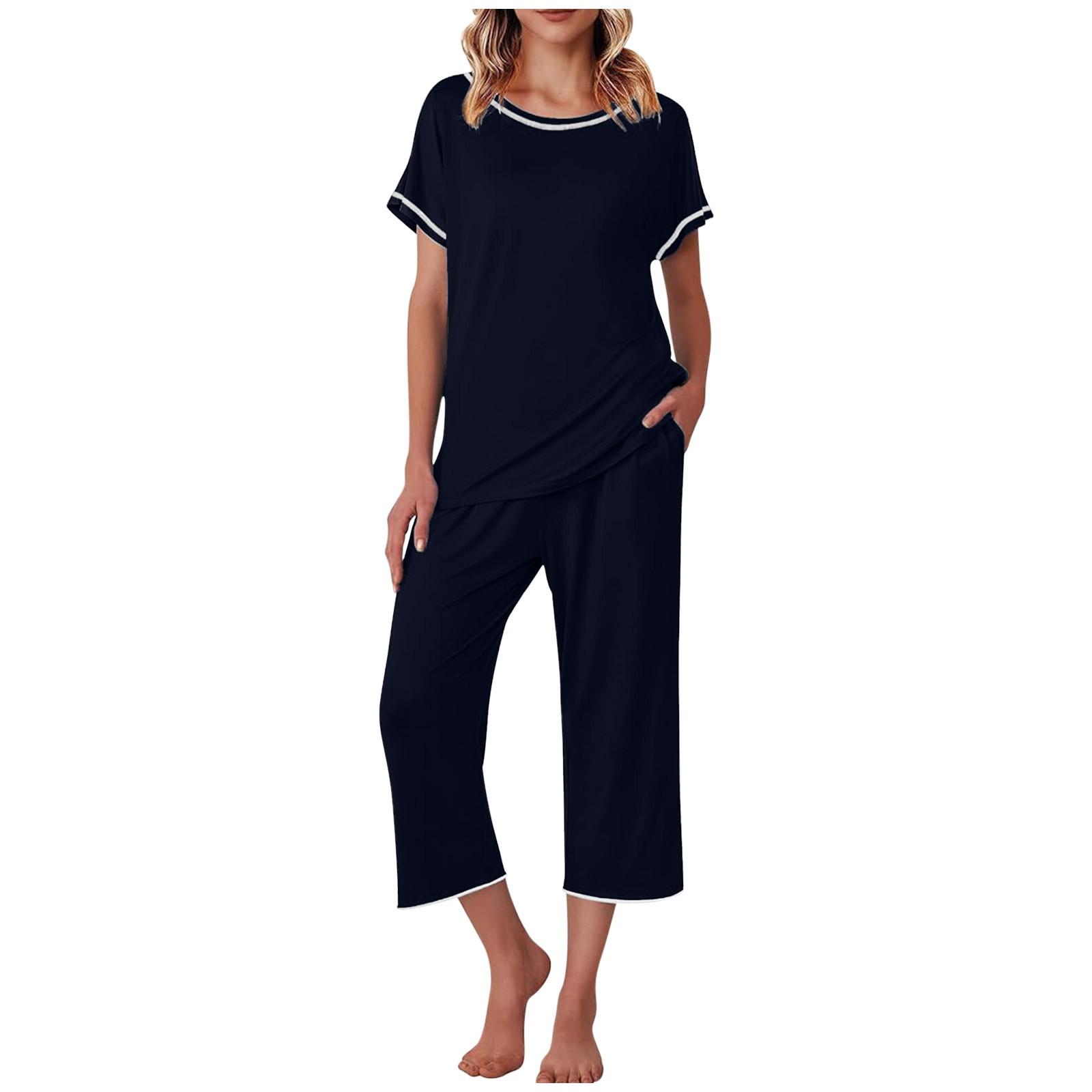 

Жіночий комплект Однотонна піжама з коротким рукавом Капрі Повсякденний комплект із двох предметів S Темно-синій