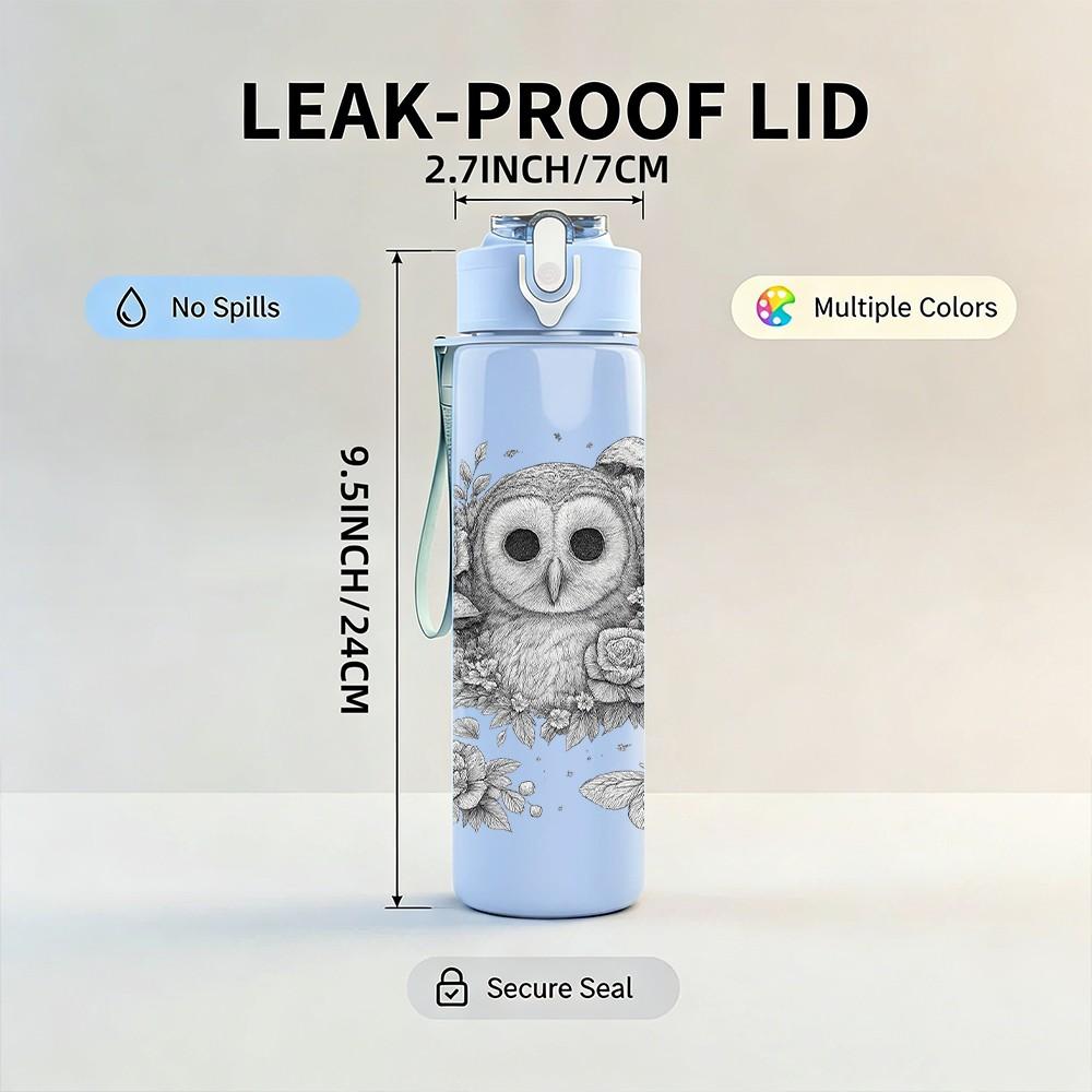 1PC Owl Inside Tree Hollow Sketch Print 750ml Color Plastic Sports Water Bottle Leakproof Flip Straw Lid Suitable for Sports Office Home Use