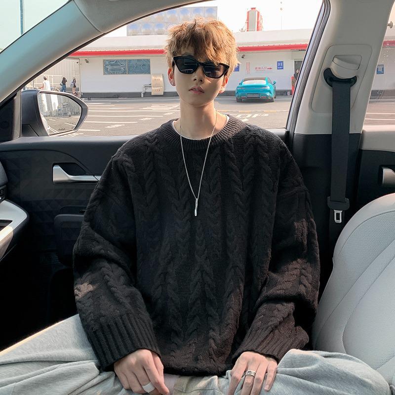 

Men s Trendy American Style Cable Knit Sweater - Round Neck, Plus Size, Autumn Streetwear Design XL fits 125-140 lbs чорний