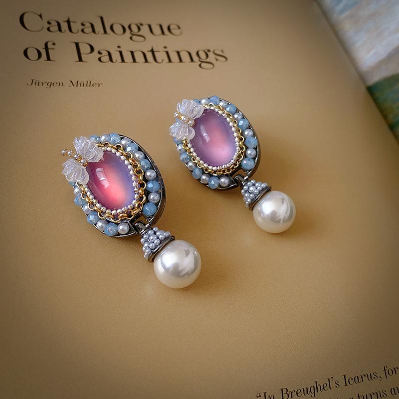 Vintage resin butterfly crystal oval imitation pearl silver needle French court style earrings