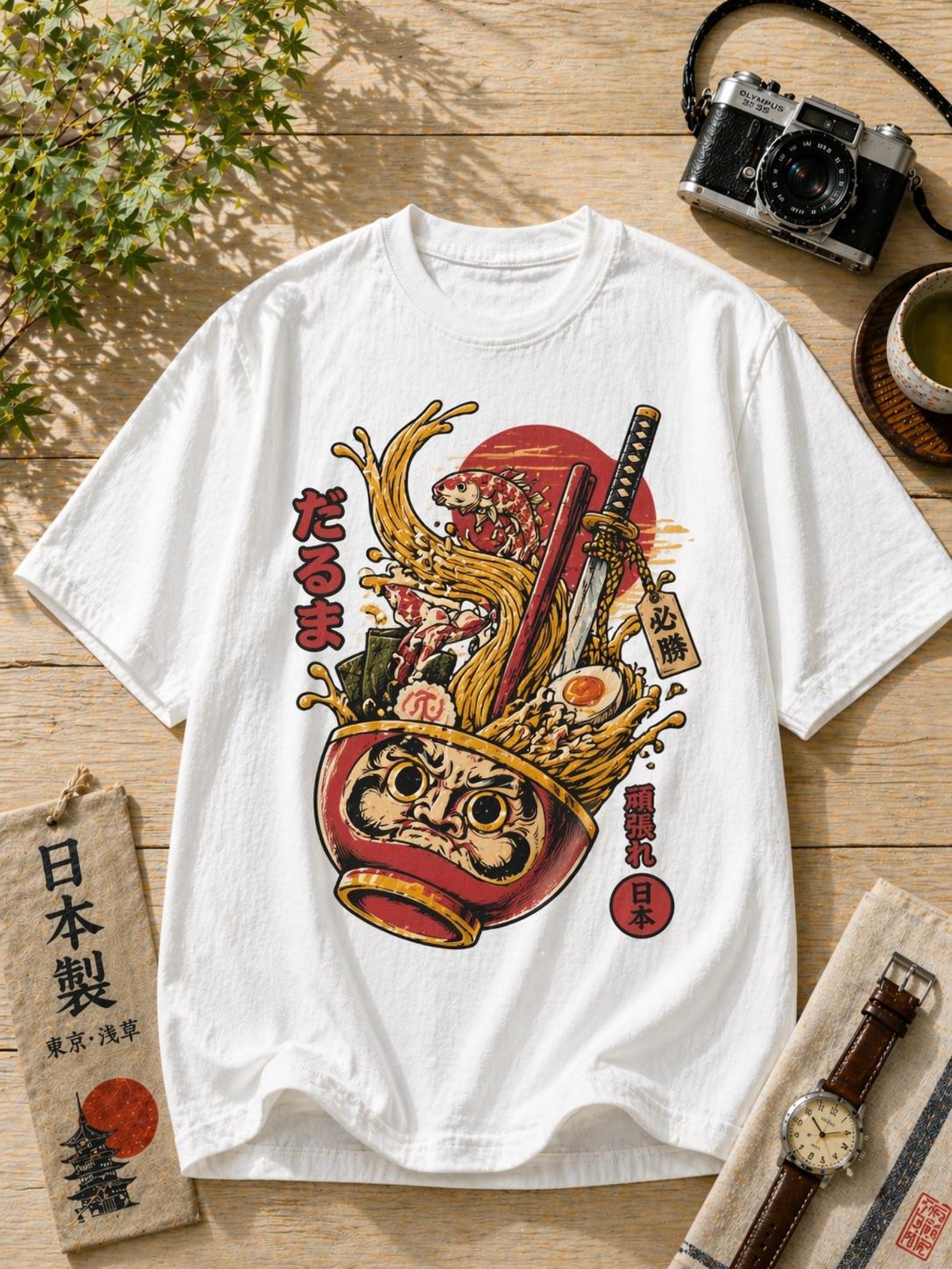 Japanese Daruma Ramen Samurai Graphic T-Shirt – Vintage Streetwear Style Tee XL