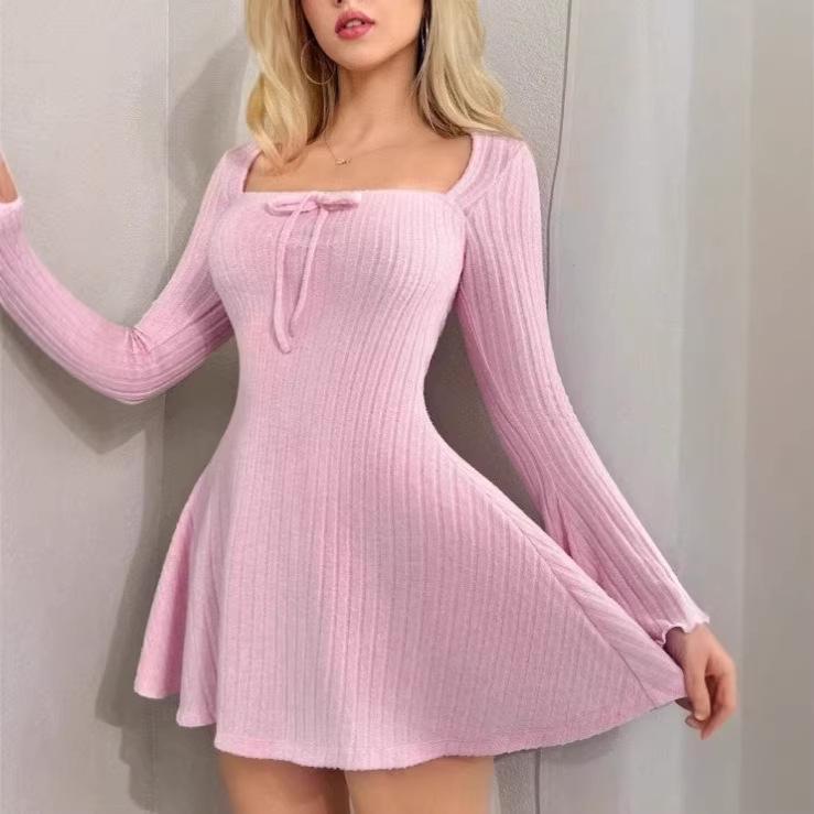 2026 European-American Style Square Neck A-Line Ribbed Dress - Slim Fit, Waist-Cinched, Long Sleeve, Spring/Autumn Collection