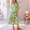 Women's Short Sleeve Floral Print Button Dress - Long Length with Collar and Pockets Smocked for Summer