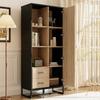 Modern highboard cabinet 80x40x180 cm – wood-look, black frame, door, 2 drawers & 3 open compartments – versatile storage for living room, office