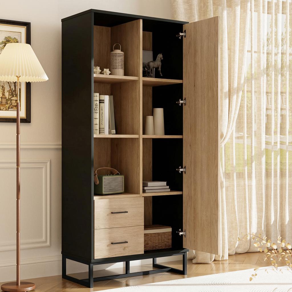 Modern highboard cabinet 80x40x180 cm – wood-look, black frame, door, 2 drawers & 3 open compartments – versatile storage for living room, office