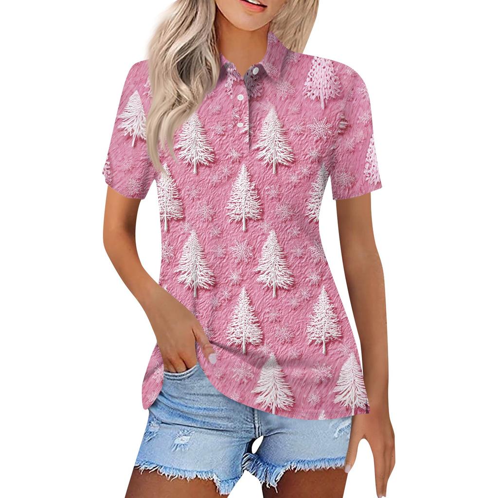 Women's Fashion Casual Lapel Short Sleeve Christmas Print Shirt Women's Button Up Tops