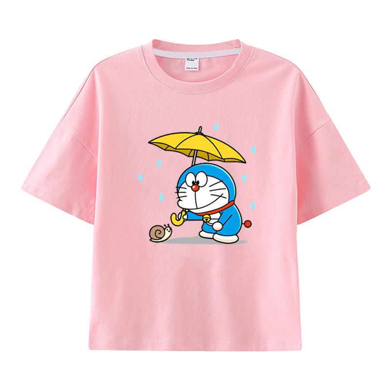 Pure Cotton Childrens Shortsleeved Tshirt for Summer Boys and Girls Halfsleeved Childrens Clothing with Doraemon Pattern