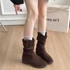 2026 autumn new French platform stacking boots medium boots women's shoes thick heel folds with skirt short Martin boots