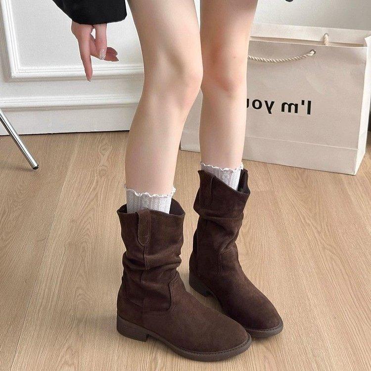 2026 autumn new French platform stacking boots medium boots women's shoes thick heel folds with skirt short Martin boots