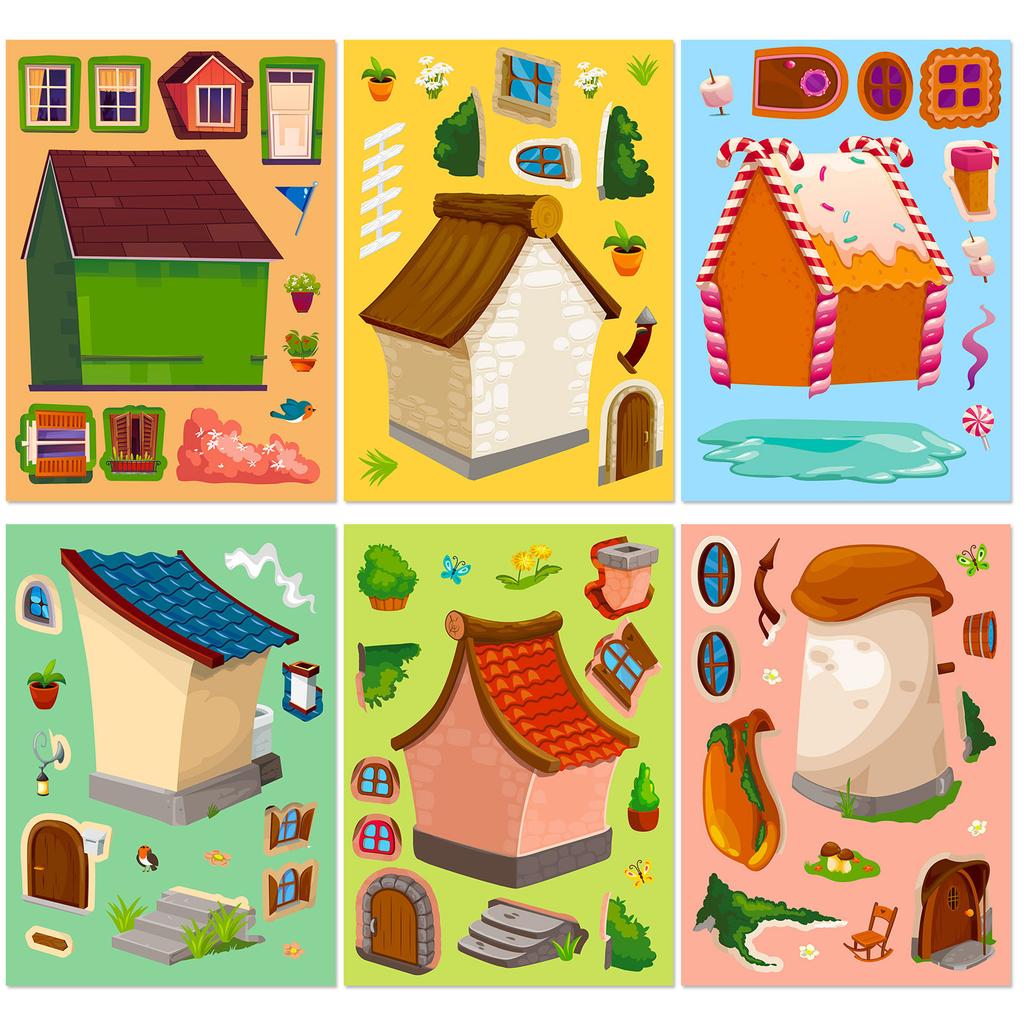6 Pictures/package of Small House Face Change Stickers for Boys and Girls Children DIY Handmade Puzzle Small House Puzzle Stickers