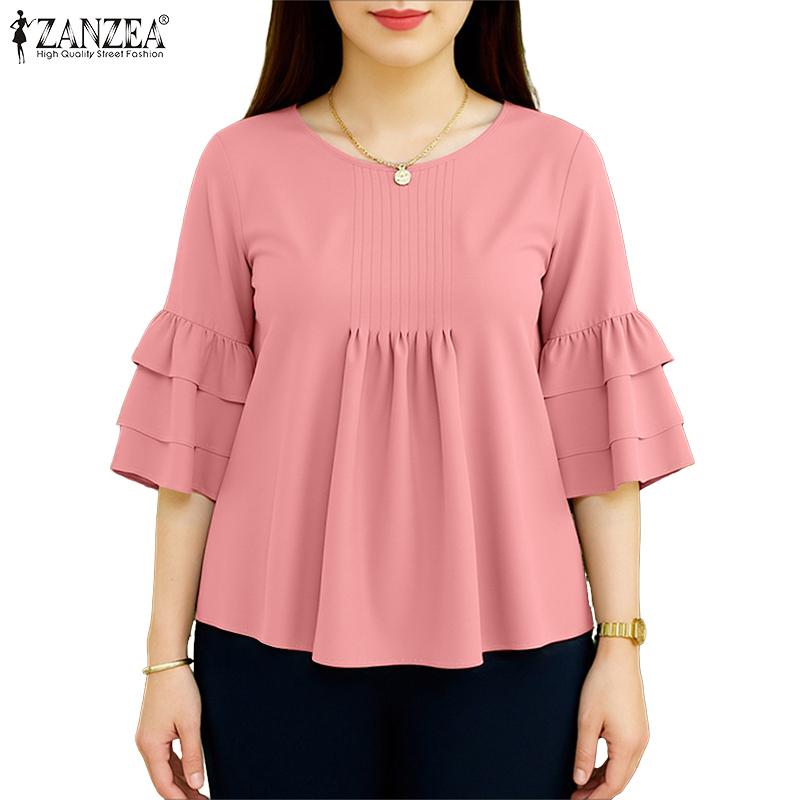 ZANZEA Women Casual Round Neck Solid Color 3/4 Sleeve Loose Blouse