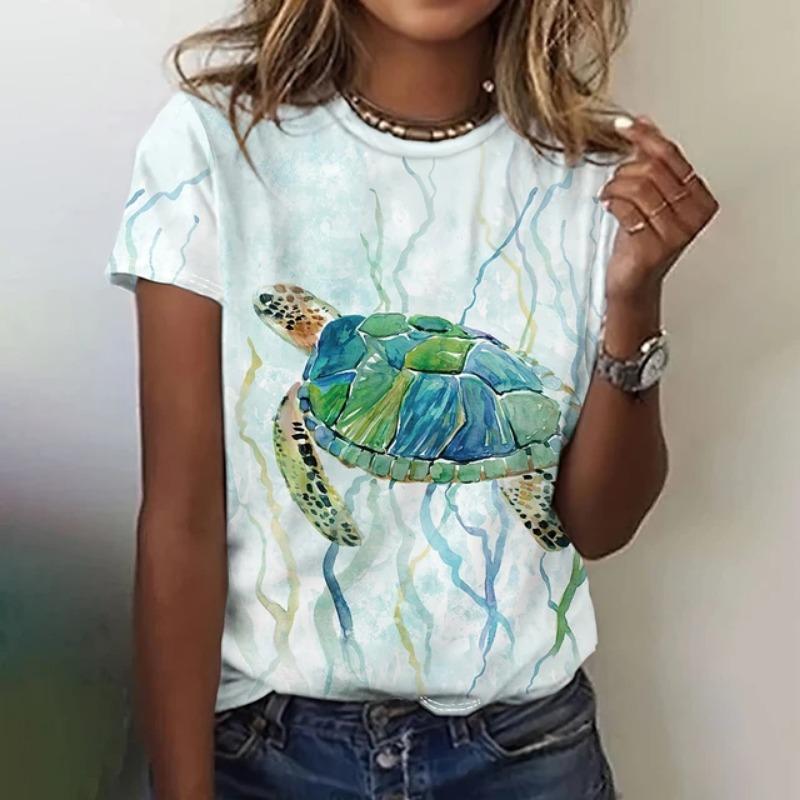 Fashion Turtle 3D Printed Summer T-shirt for Women's Outdoor Clothing Harajuku Casual Short Sleeved T-shirt for Women Round Neck T-shirt Top