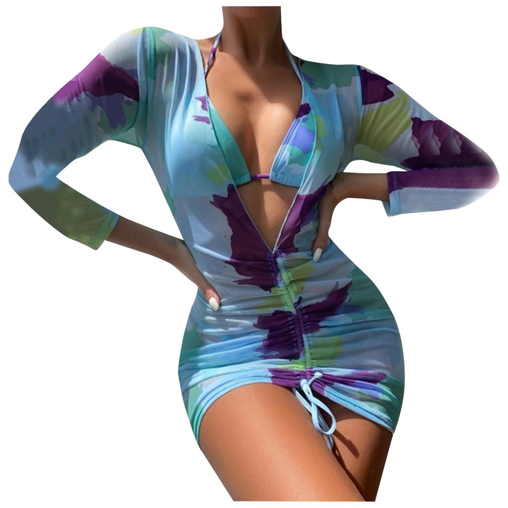 Abstract Fluid Printed Micro Triangular Bikini Swimsuit And Cover Bikini