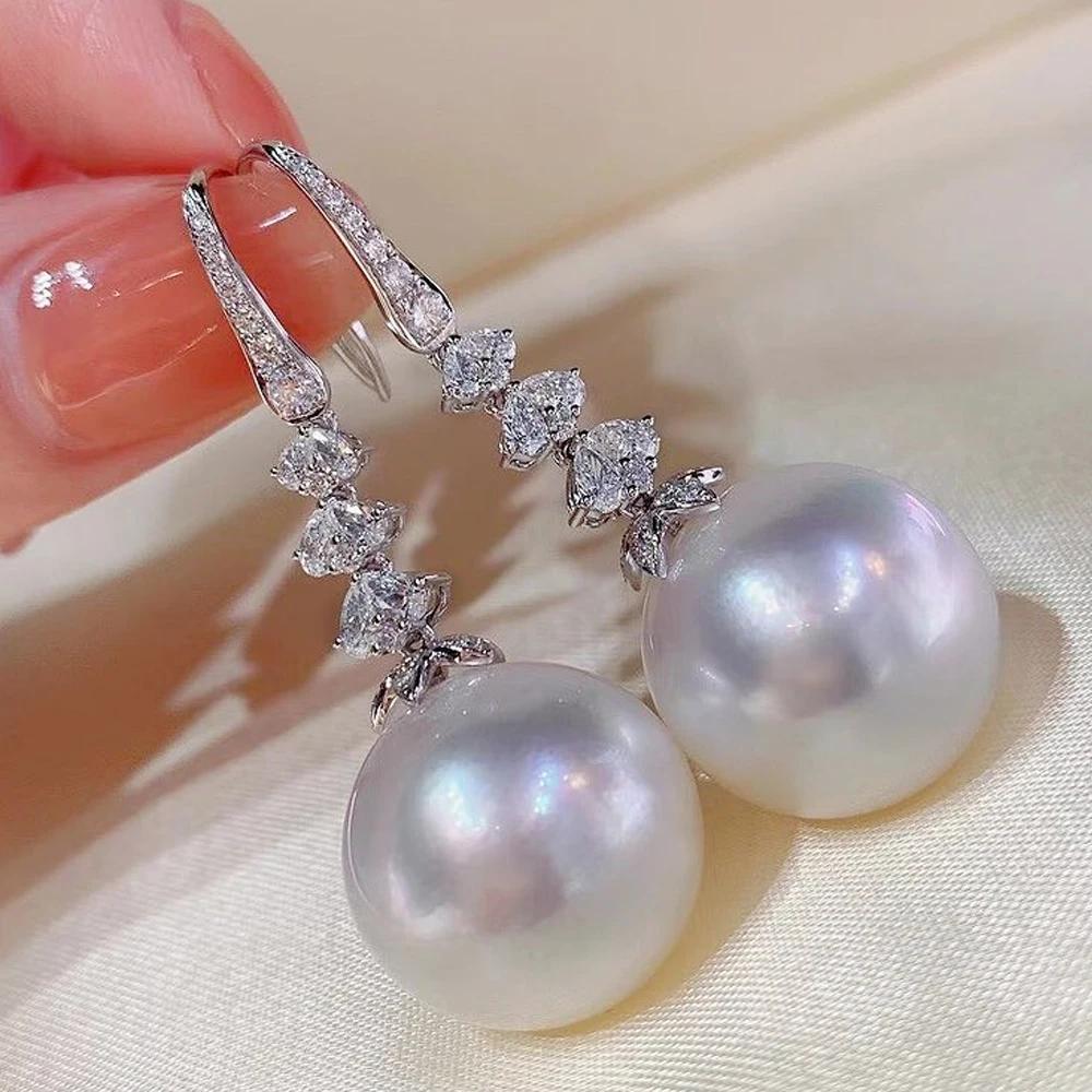 Huitan New Trend Imitation Pearl Dangle Earring for Women Luxury Silver Bling Cubic Zirconia Fashion Elegant Lady Jewelry