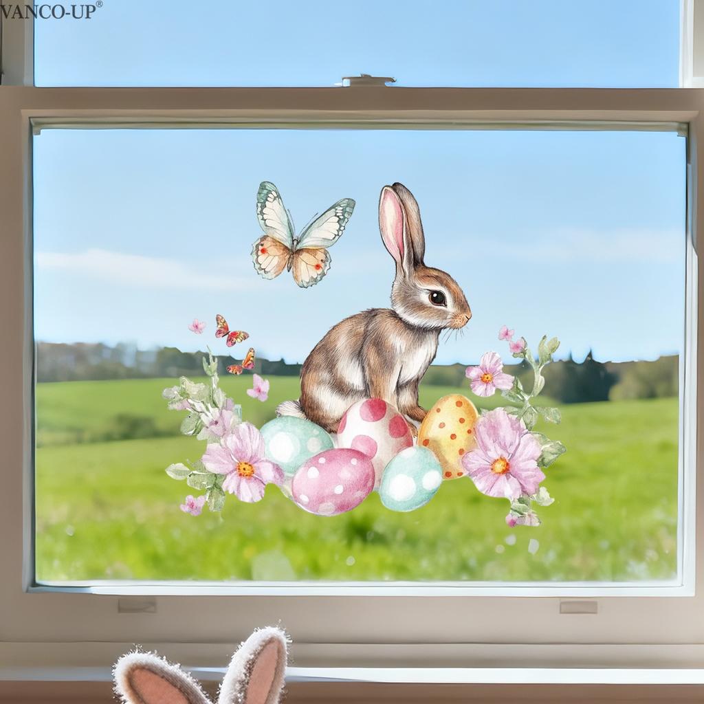 Easter Window Stickers, Creative Cute Floral Bunny Eggs Decor, Static Cling Glass Decals for Bedroom Living Room Holiday Decoration