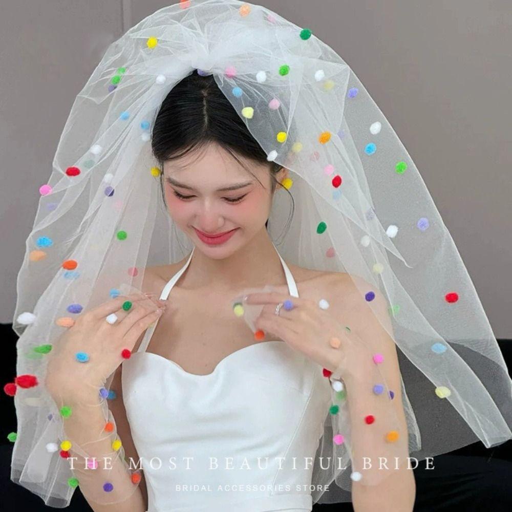 Photo Props Pompom Mesh Tulle with Clip Gloves New White Veil