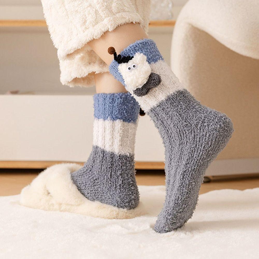 Thicken 3D Eyes Sleeping Socks Home Coral Fleece Socks Women Fashion Cartoon Plush Socks  Women